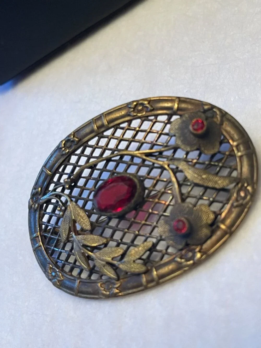 Antique Art Nouveau Brass Sash Brooch With Floral & Leaf Motif Ruby Red Glass St